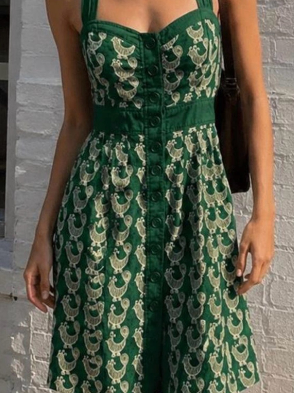 Anthropologie X Floreat Cockadoodle Dress Green Embroidered Size 4 Button Up